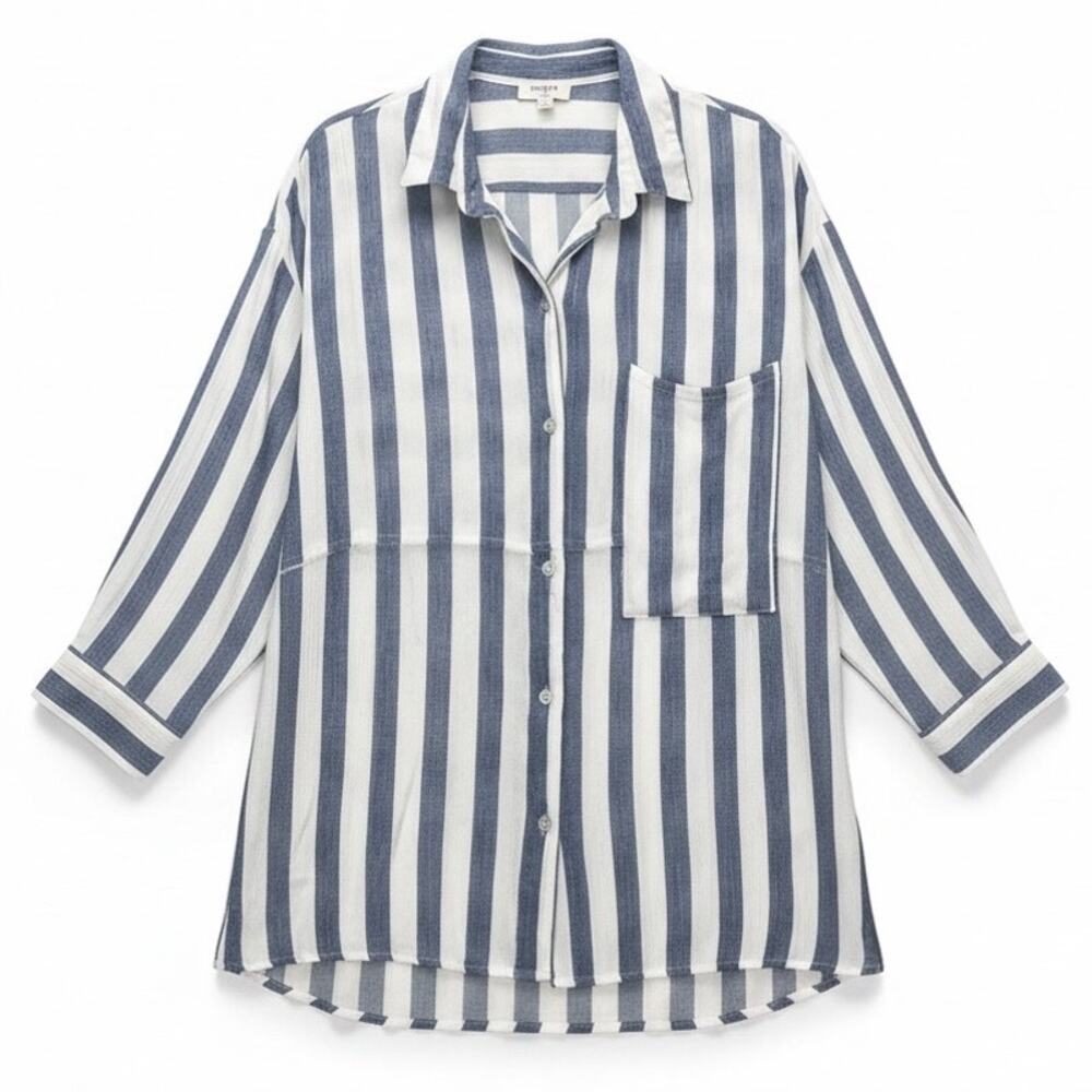 UMGEE Women's STRIPED OVERSIZED Shirt BUTTON UP 3/4 Sleeve Blue White Size Large